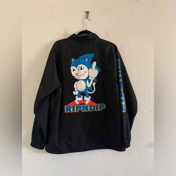 RIP N DIP Men's Black Hooded Windbreaker Jacket Sonic Cat Snap Button Large - Picture 1 of 12